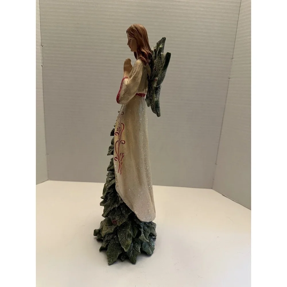Christmas Angel Figurine Holly Wings Evergreen Tree Base Resin Holiday‎ Decor